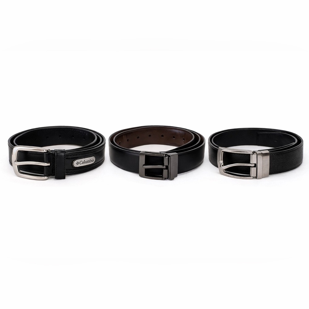 3 black leather belts. Columbia SZ 40. Perry Ellis SZ 38. Snake pattern SZ 38.